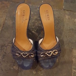 Guess Denim & Silver Rhinestone Wedges Sz 7